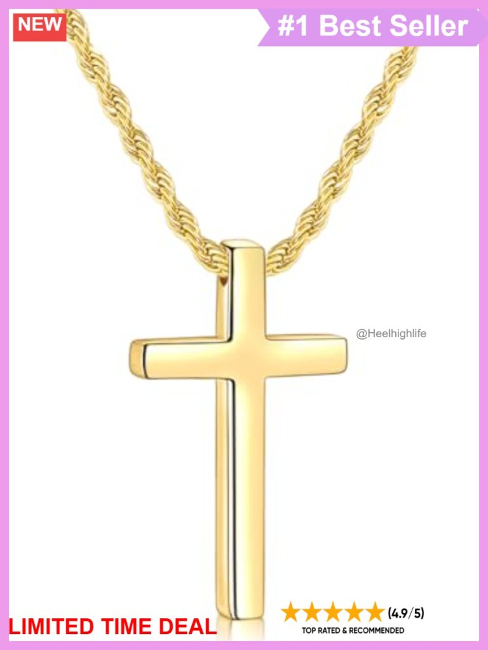 Stainless Steel Cross Necklace Men 2.5mm Rope Chain 18"